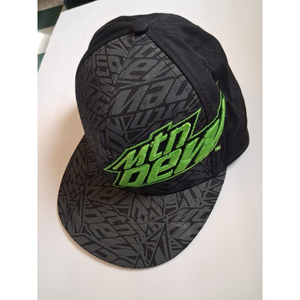Mountain Dew Fitted Hat Size 7 Black Neon Green Logo All Over Print Cap